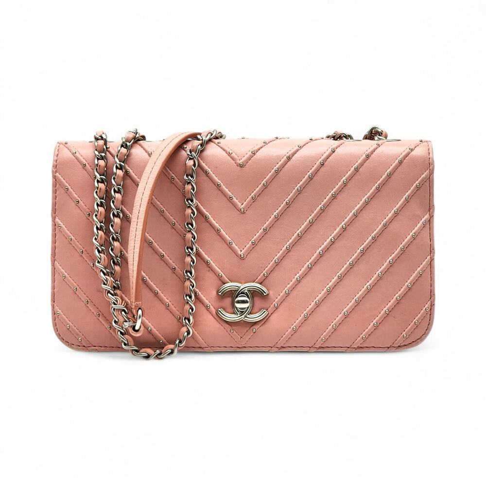 Chanel CC Clasp Medium Calf Leather Flap Bag Studded Chevron Pink - rare